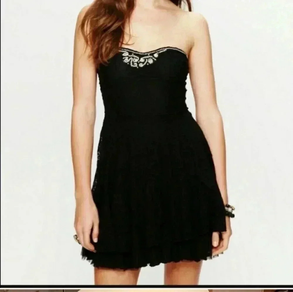 Free People Black Beaded Lace Dress Y2K
